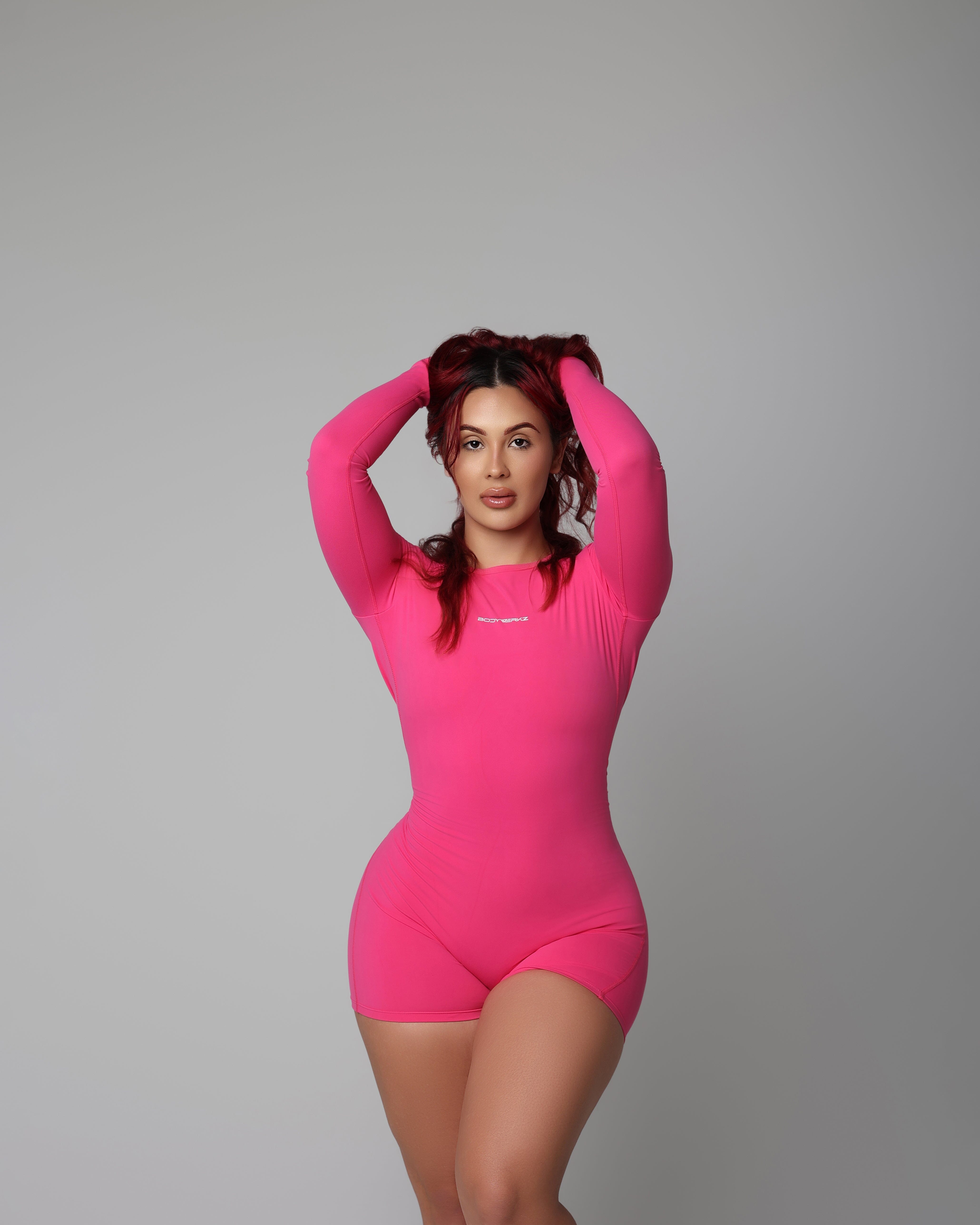 LONG SLEEVE VBACK ROMPER bodywerkz S Hot pink 